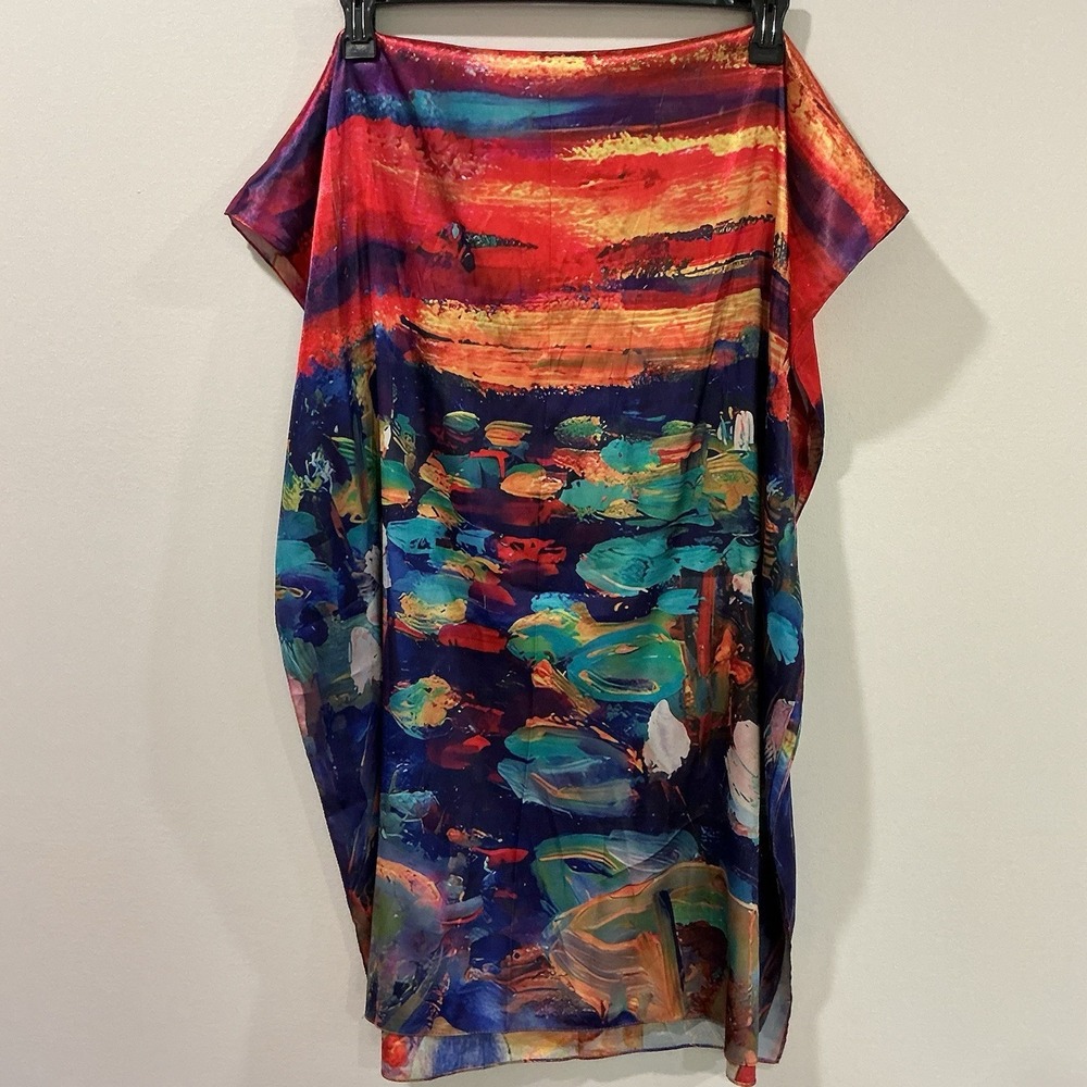 Water Lilies Scarf Artsy 100% Silk Feeling Polyester Maximalism Colorful